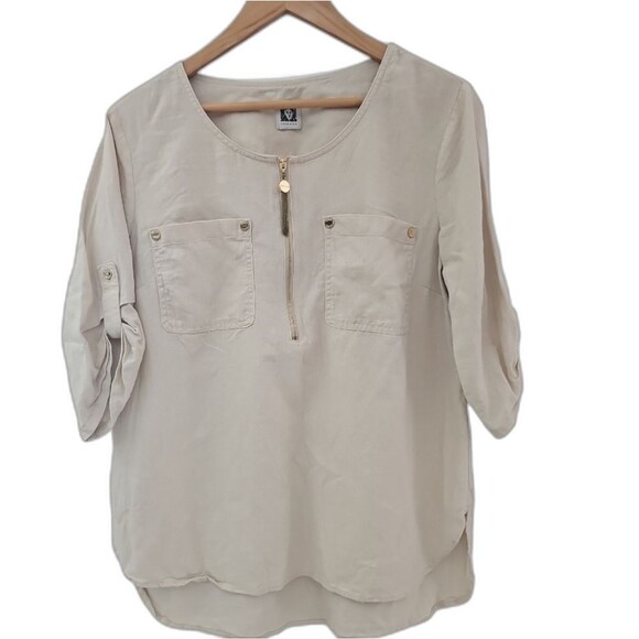 Anne Klein Linen Viscose Roll Tab Quarter Zip Tassle Short Sleeve Top Blouse SzL - Picture 1 of 15
